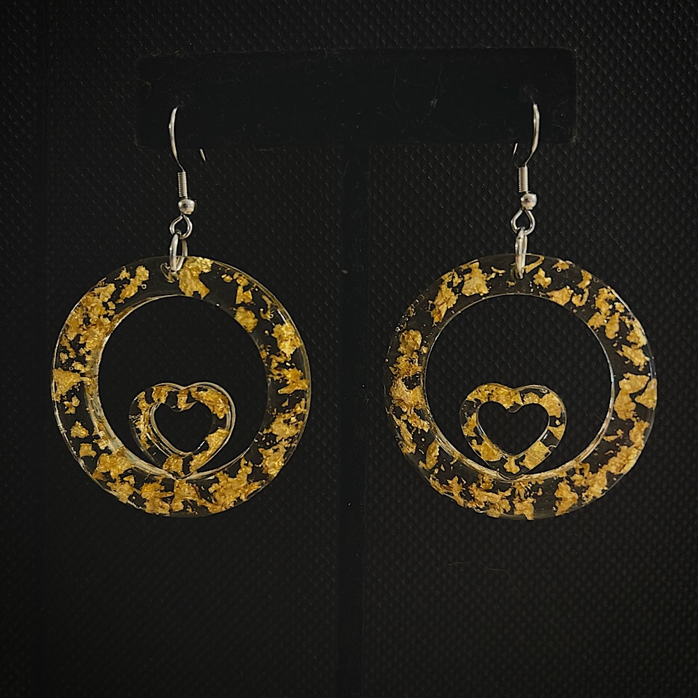 Gold (artificial) Flake Resin Heart Earrings